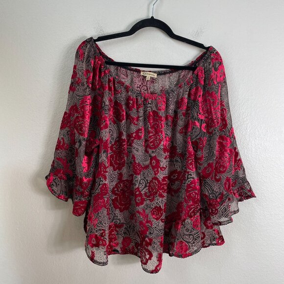 Democracy Womens Plus 1X Off The Shoulder Sheer Crushed Velvet Floral Top Shirt - Picture 8 of 14